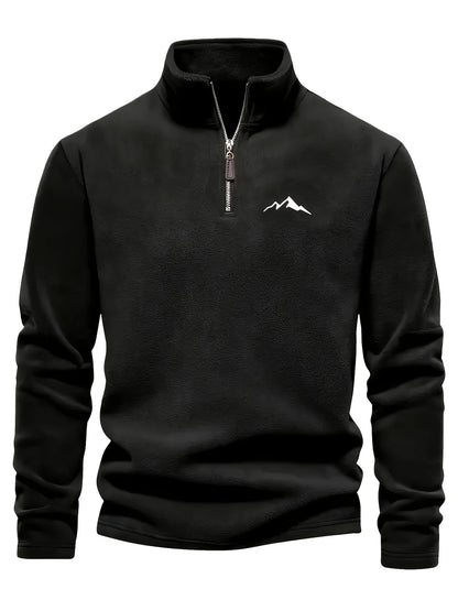 Chaqueta de forro polar grueso para hombre, con cremallera de 1/4, estilo otoño e invierno, con cuello alto pequeño y bordado de montaña