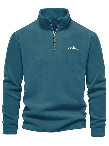 Chaqueta de forro polar grueso para hombre, con cremallera de 1/4, estilo otoño e invierno, con cuello alto pequeño y bordado de montaña