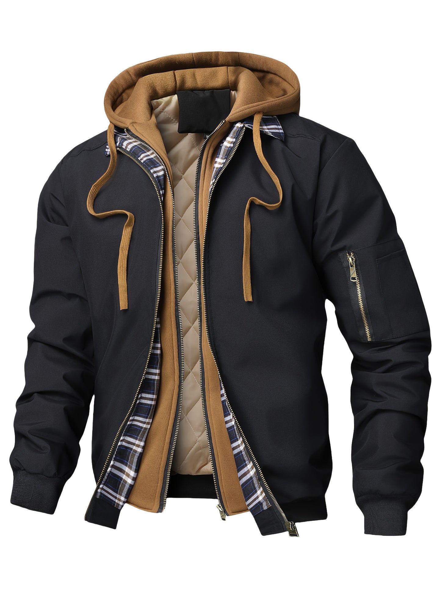 Chaqueta con Capucha y Cremallera para Hombre - Corte Holgado Casual, Marrón y Patrón a Cuadros, Capucha con Cordón, Mangas Largas, Forro, Perfecta para Primavera, Otoño e Invierno, Chaqueta de Otoño Invierno | Chaqueta con Patrón de Cuadros | Chaqueta co