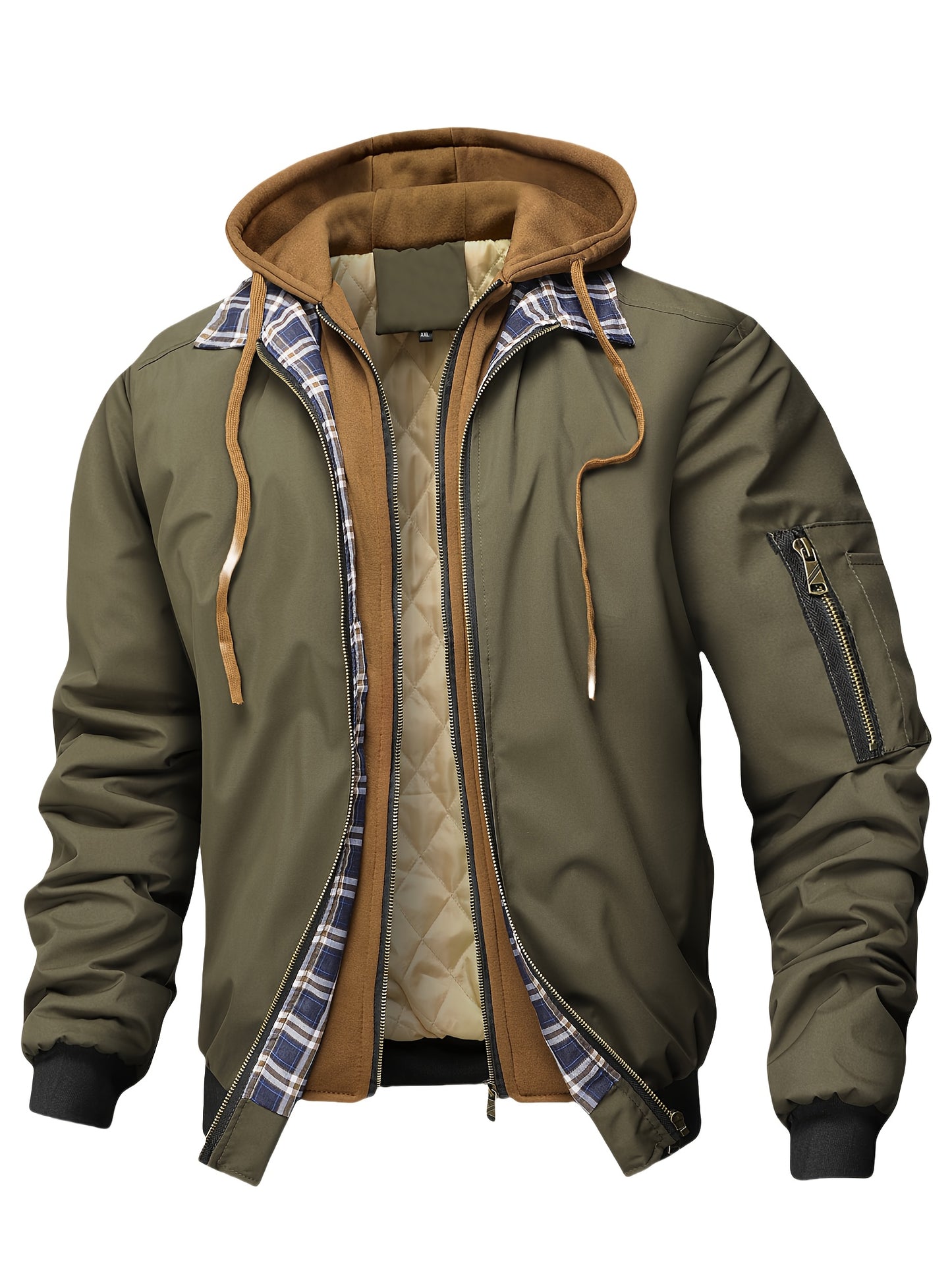 Chaqueta con Capucha y Cremallera para Hombre - Corte Holgado Casual, Marrón y Patrón a Cuadros, Capucha con Cordón, Mangas Largas, Forro, Perfecta para Primavera, Otoño e Invierno, Chaqueta de Otoño Invierno | Chaqueta con Patrón de Cuadros | Chaqueta co