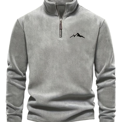 Chaqueta de forro polar grueso para hombre, con cremallera de 1/4, estilo otoño e invierno, con cuello alto pequeño y bordado de montaña