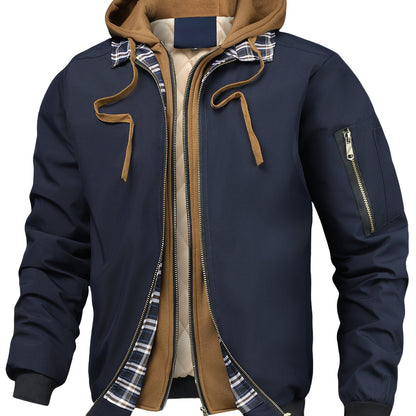 Chaqueta con Capucha y Cremallera para Hombre - Corte Holgado Casual, Marrón y Patrón a Cuadros, Capucha con Cordón, Mangas Largas, Forro, Perfecta para Primavera, Otoño e Invierno, Chaqueta de Otoño Invierno | Chaqueta con Patrón de Cuadros | Chaqueta co