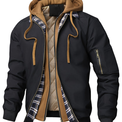 Chaqueta con Capucha y Cremallera para Hombre - Corte Holgado Casual, Marrón y Patrón a Cuadros, Capucha con Cordón, Mangas Largas, Forro, Perfecta para Primavera, Otoño e Invierno, Chaqueta de Otoño Invierno | Chaqueta con Patrón de Cuadros | Chaqueta co